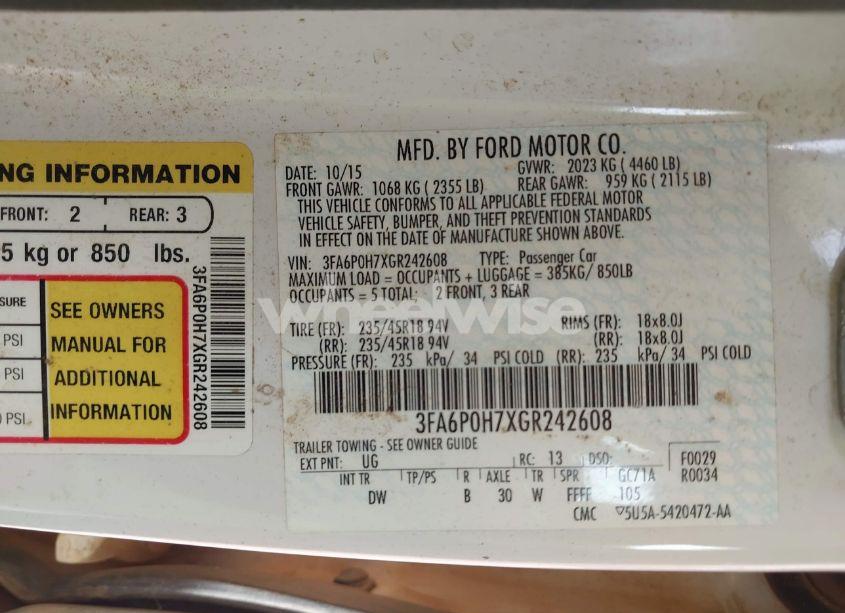 Photo 9 of 2016 Ford Fusion SE (VIN 3FA6P0H7XGR242608)