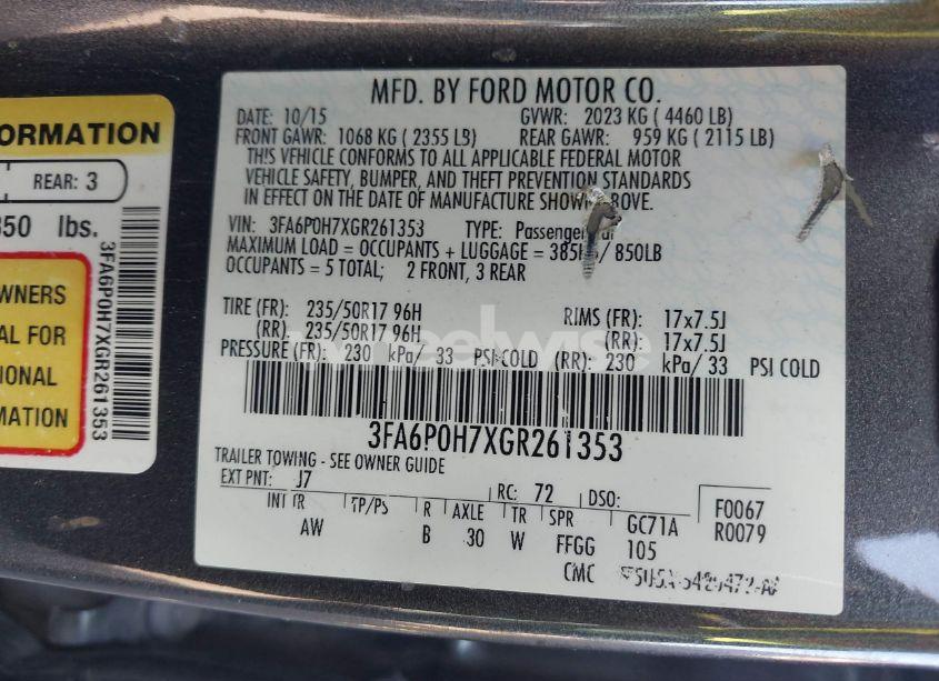 Photo 9 of 2016 Ford Fusion SE (VIN 3FA6P0H7XGR261353)