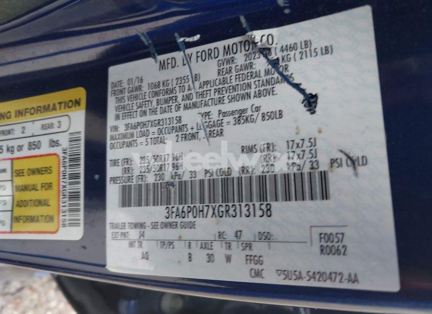 Photo 9 of 2016 Ford Fusion SE (VIN 3FA6P0H7XGR313158)