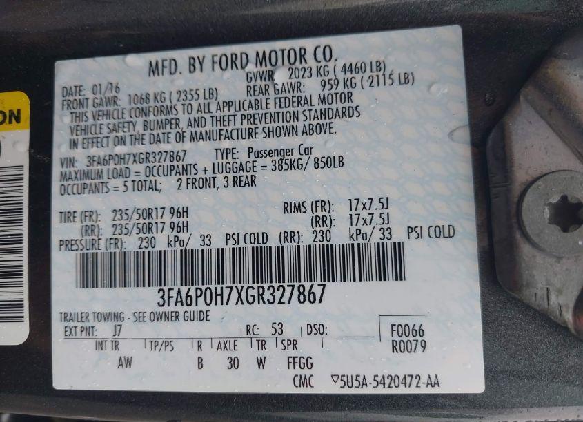 Photo 9 of 2016 Ford Fusion SE (VIN 3FA6P0H7XGR327867)