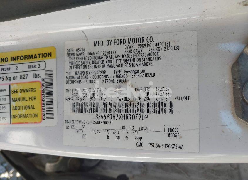 Photo 9 of 2017 Ford Fusion SE (VIN 3FA6P0H7XHR107209)