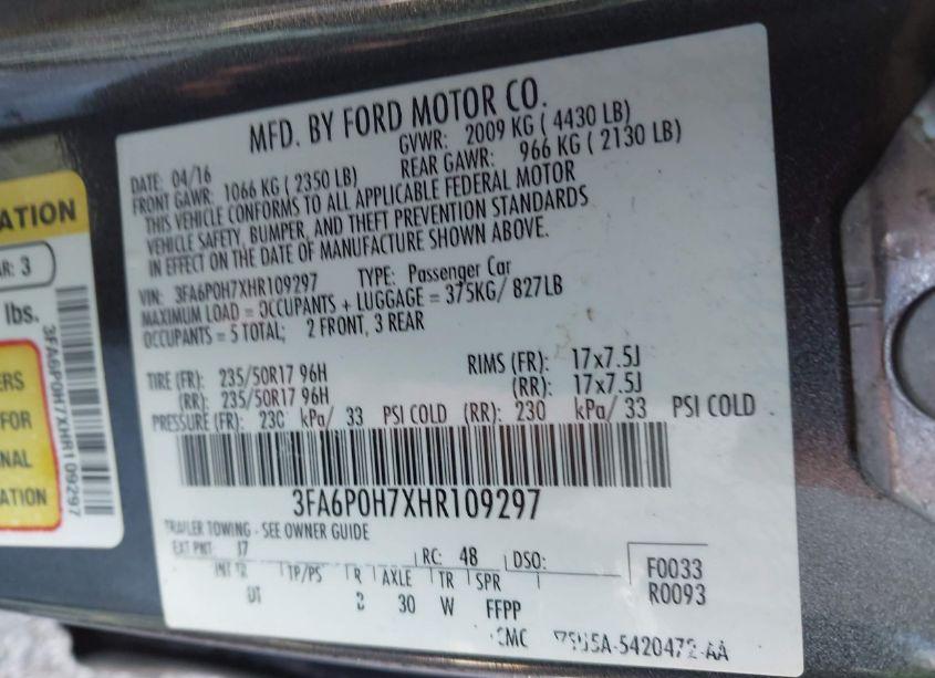 Photo 9 of 2017 Ford Fusion SE (VIN 3FA6P0H7XHR109297)