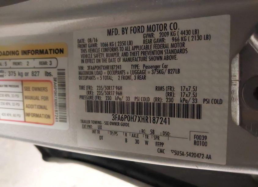 Photo 9 of 2017 Ford Fusion SE (VIN 3FA6P0H7XHR187241)