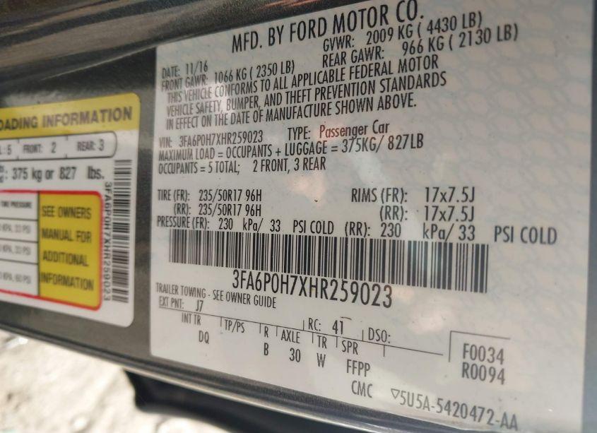 Photo 9 of 2017 Ford Fusion SE (VIN 3FA6P0H7XHR259023)