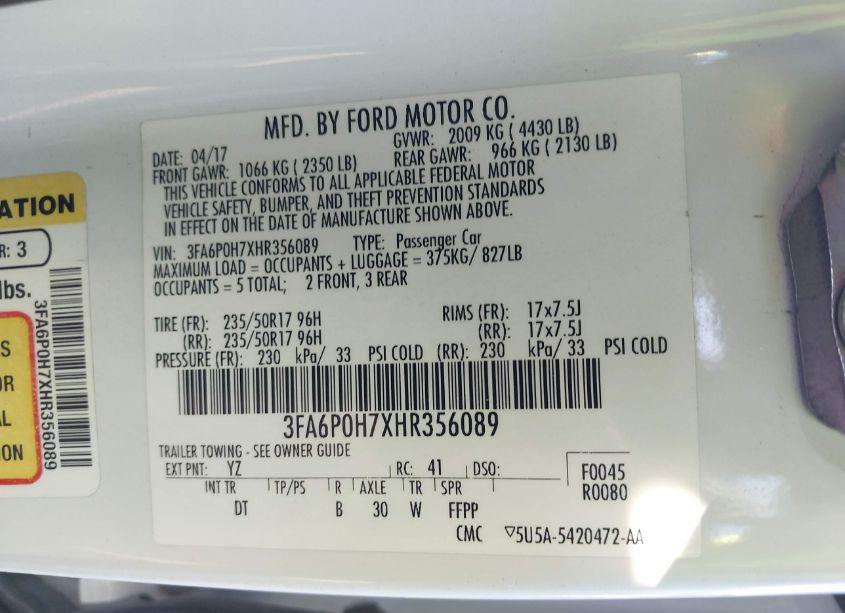 Photo 9 of 2017 Ford Fusion SE (VIN 3FA6P0H7XHR356089)