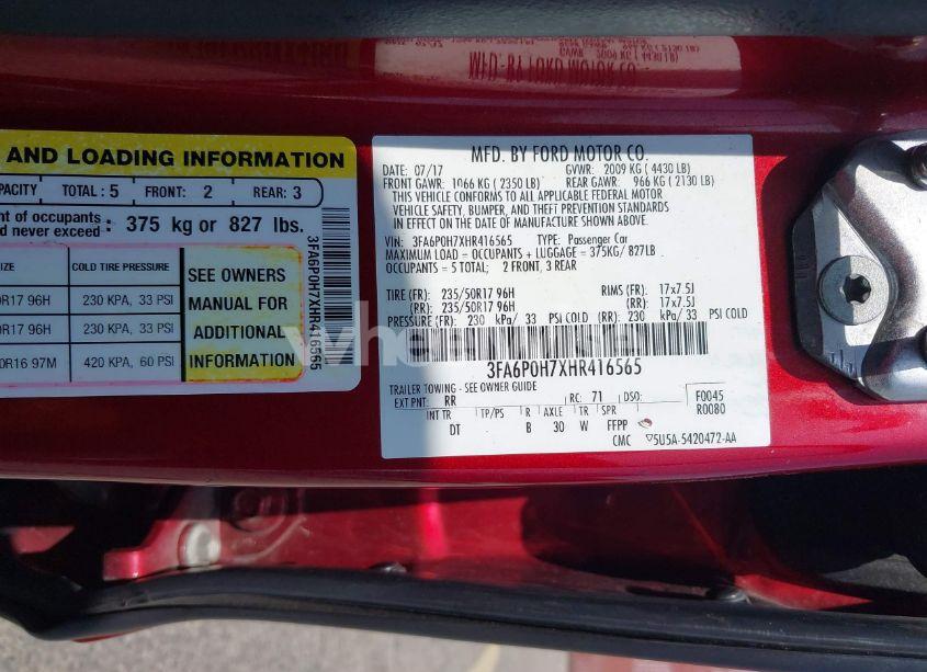 Photo 9 of 2017 Ford Fusion SE (VIN 3FA6P0H7XHR416565)