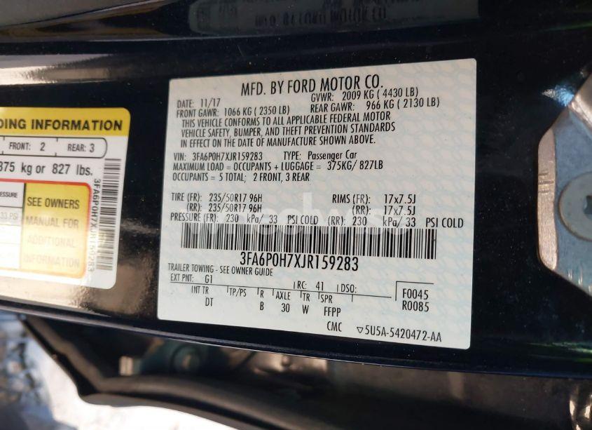 Photo 9 of 2018 Ford Fusion SE (VIN 3FA6P0H7XJR159283)