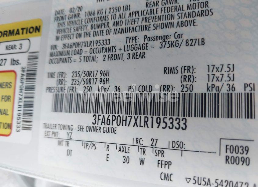 Photo 9 of 2020 Ford Fusion SE (VIN 3FA6P0H7XLR195333)