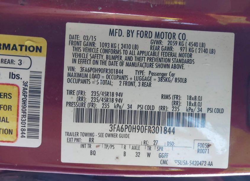 Photo 9 of 2015 Ford Fusion SE (VIN 3FA6P0H90FR301844)