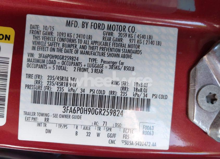 Photo 9 of 2016 Ford Fusion SE (VIN 3FA6P0H90GR259824)