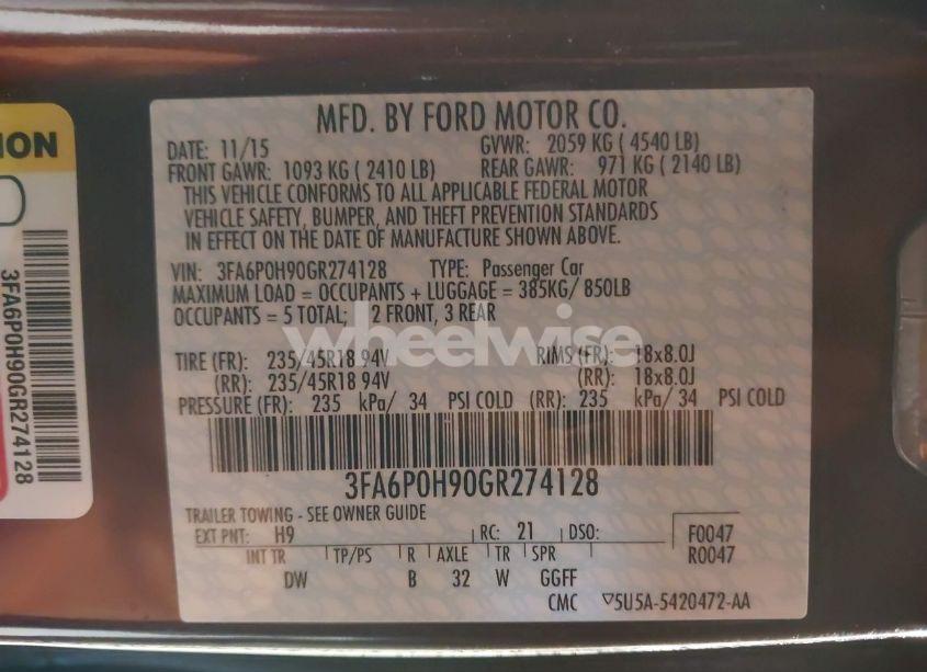 Photo 9 of 2016 Ford Fusion SE (VIN 3FA6P0H90GR274128)