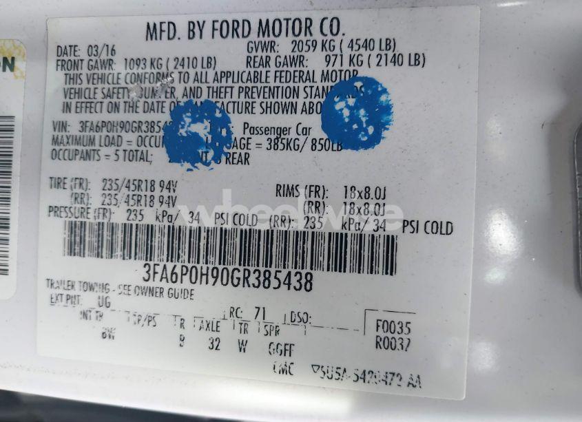 Photo 9 of 2016 Ford Fusion SE (VIN 3FA6P0H90GR385438)