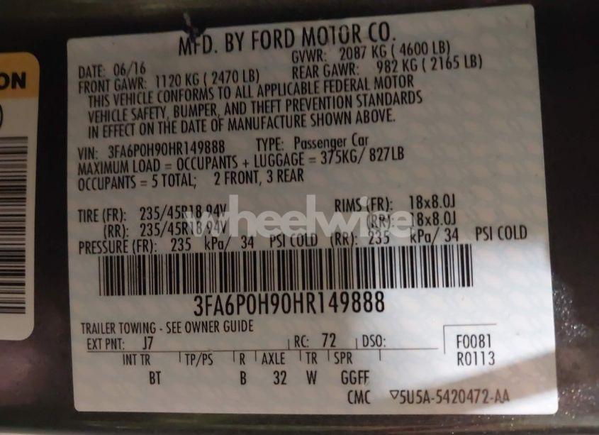 Photo 9 of 2017 Ford Fusion SE (VIN 3FA6P0H90HR149888)