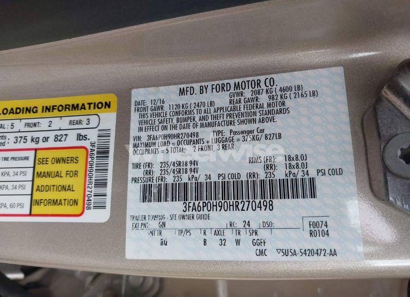 Photo 9 of 2017 Ford Fusion SE (VIN 3FA6P0H90HR270498)