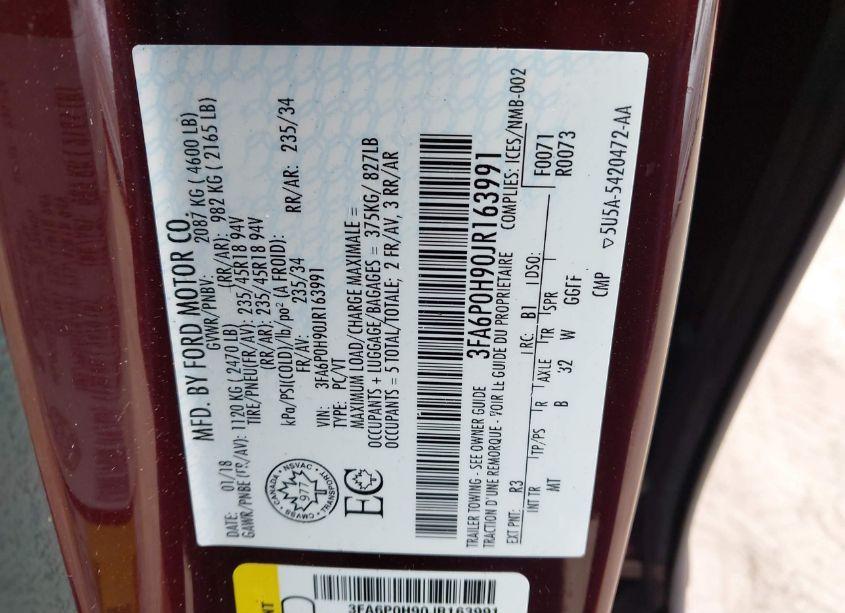 Photo 9 of 2018 Ford Fusion SE (VIN 3FA6P0H90JR163991)