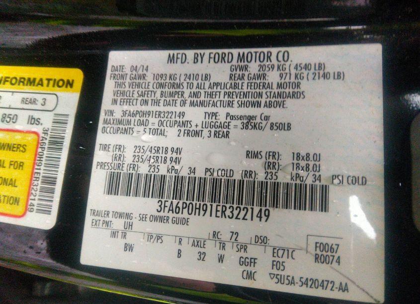 Photo 9 of 2014 Ford Fusion SE (VIN 3FA6P0H91ER322149)