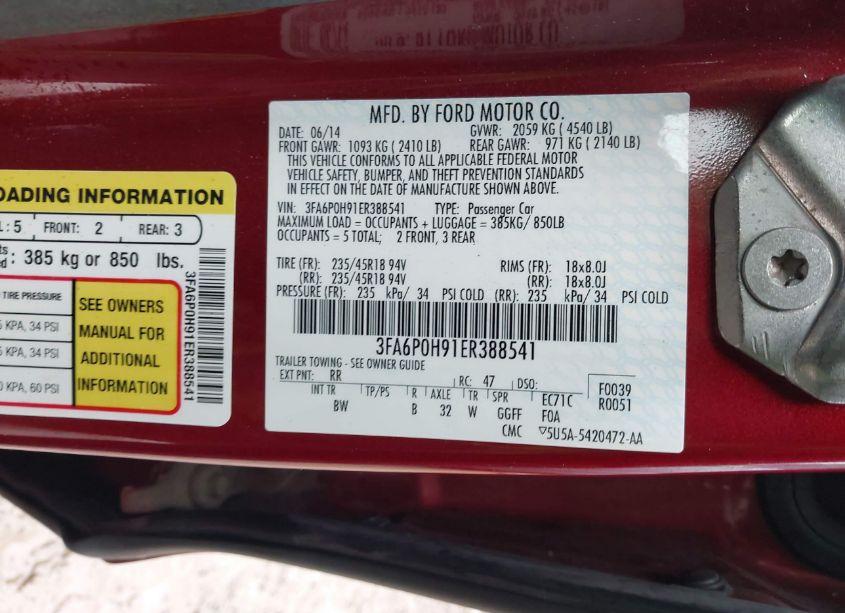 Photo 9 of 2014 Ford Fusion SE (VIN 3FA6P0H91ER388541)