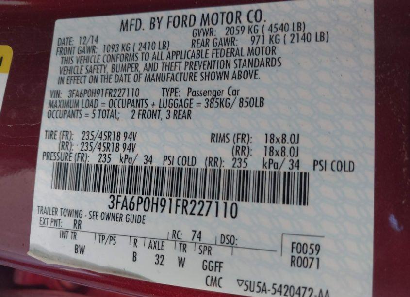 Photo 9 of 2015 Ford Fusion SE (VIN 3FA6P0H91FR227110)