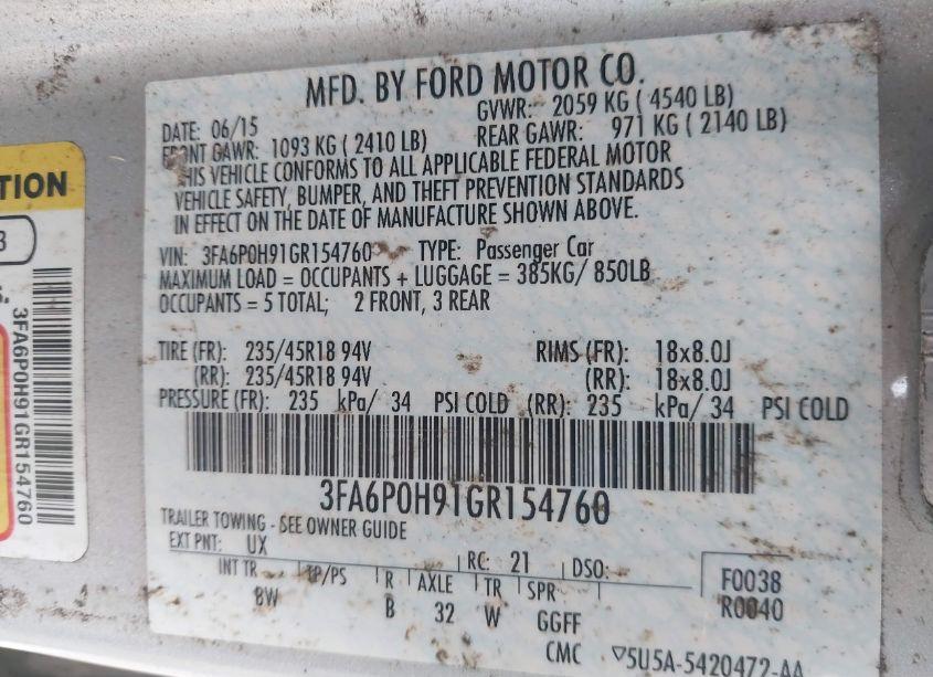 Photo 9 of 2016 Ford Fusion SE (VIN 3FA6P0H91GR154760)