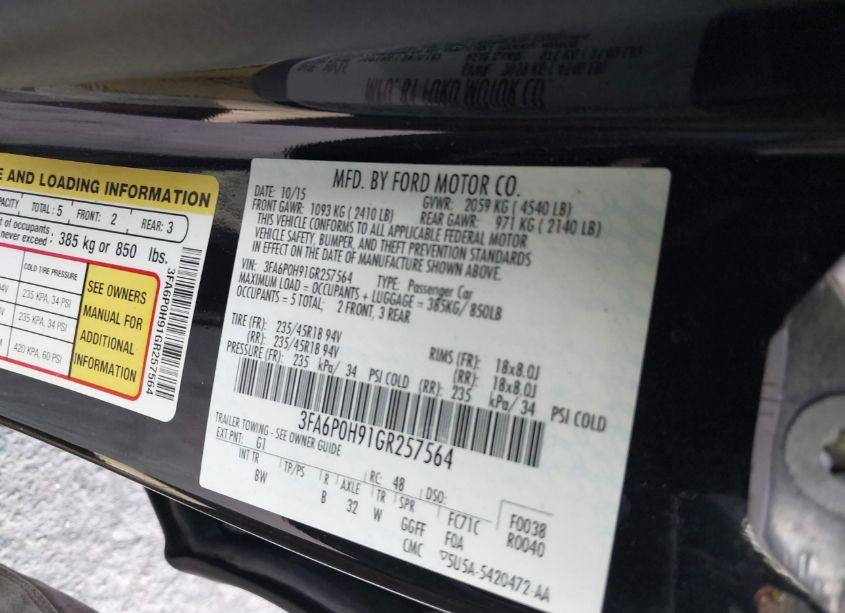 Photo 9 of 2016 Ford Fusion SE (VIN 3FA6P0H91GR257564)