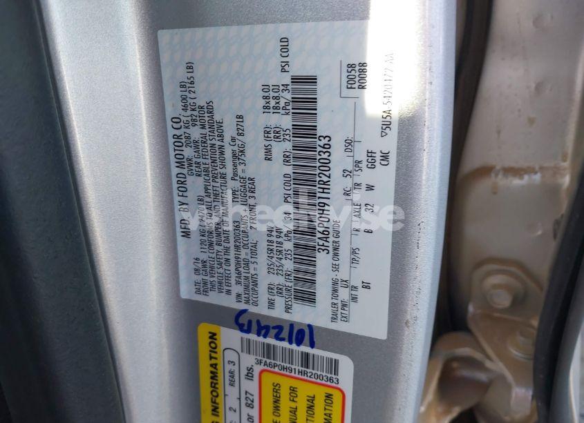 Photo 9 of 2017 Ford Fusion SE (VIN 3FA6P0H91HR200363)