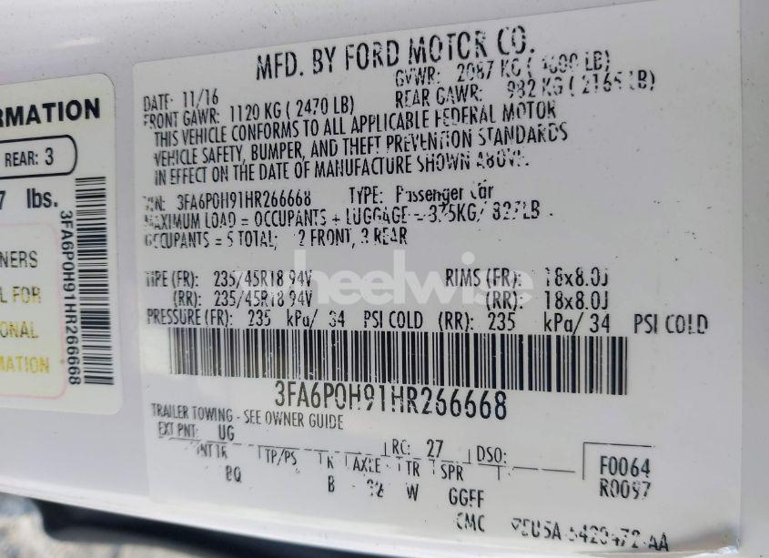 Photo 9 of 2017 Ford Fusion SE (VIN 3FA6P0H91HR266668)