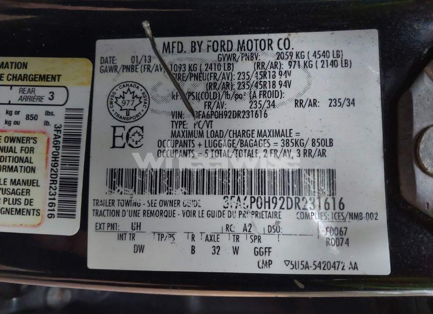 Photo 9 of 2013 Ford Fusion SE (VIN 3FA6P0H92DR231616)