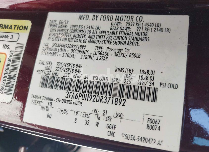 Photo 9 of 2013 Ford Fusion SE (VIN 3FA6P0H92DR371892)