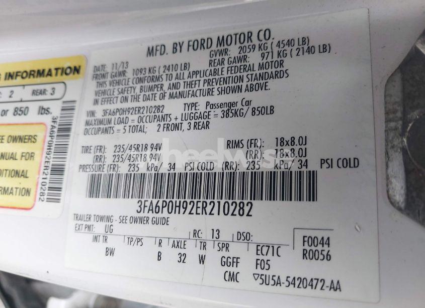 Photo 9 of 2014 Ford Fusion SE (VIN 3FA6P0H92ER210282)