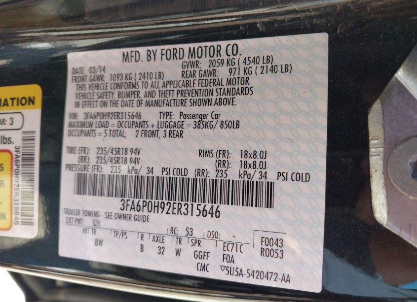 Photo 9 of 2014 Ford Fusion SE (VIN 3FA6P0H92ER315646)