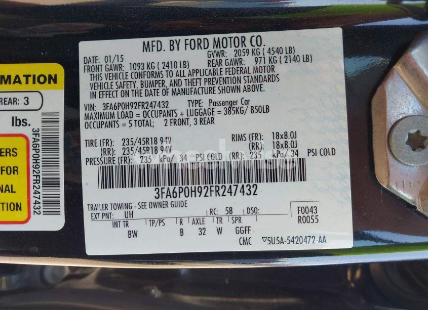 Photo 9 of 2015 Ford Fusion SE (VIN 3FA6P0H92FR247432)
