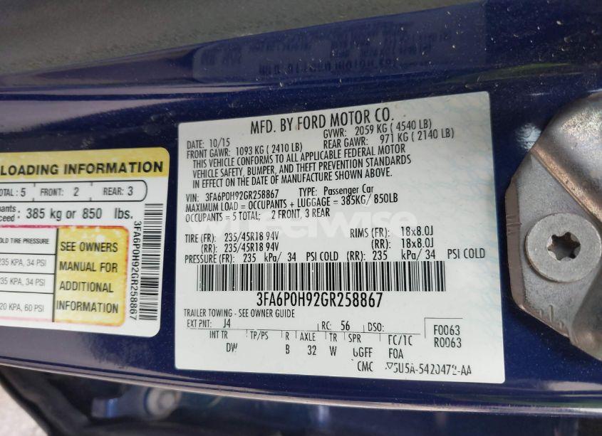 Photo 9 of 2016 Ford Fusion SE (VIN 3FA6P0H92GR258867)