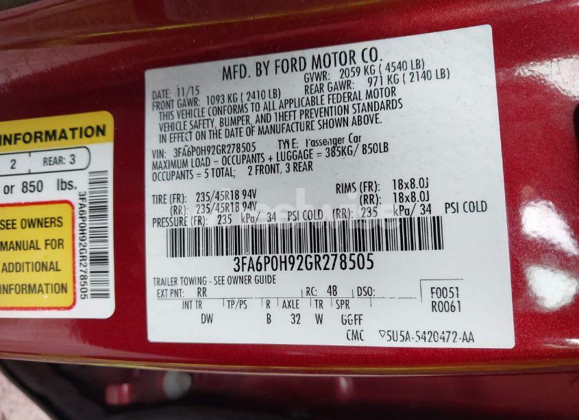 Photo 9 of 2016 Ford Fusion SE (VIN 3FA6P0H92GR278505)