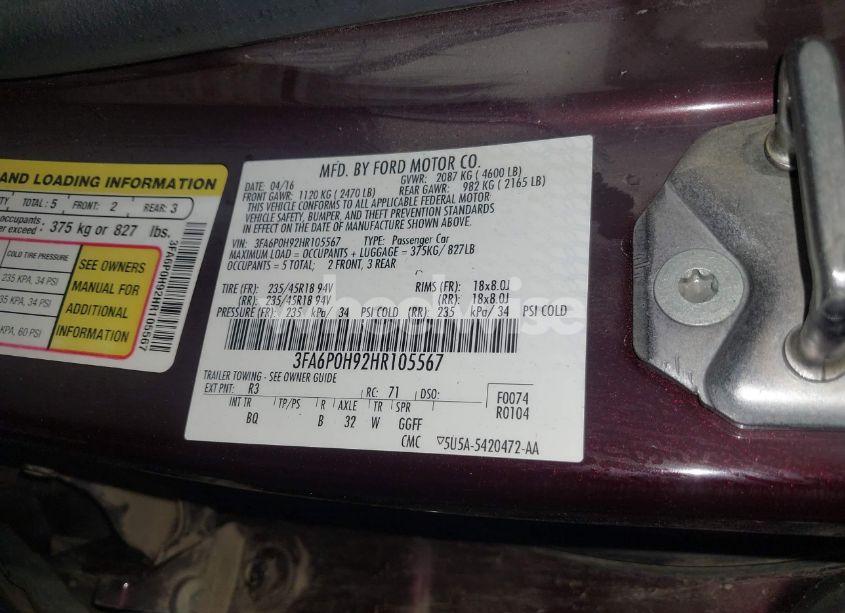 Photo 9 of 2017 Ford Fusion SE (VIN 3FA6P0H92HR105567)