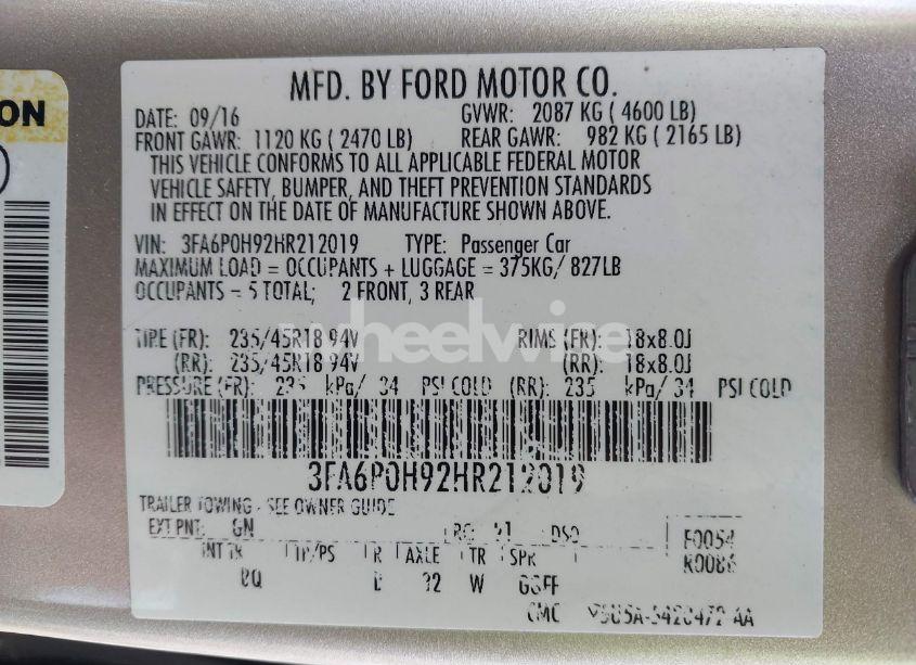 Photo 9 of 2017 Ford Fusion SE (VIN 3FA6P0H92HR212019)