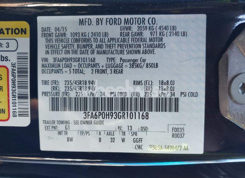 Photo 9 of 2016 Ford Fusion SE (VIN 3FA6P0H93GR101168)