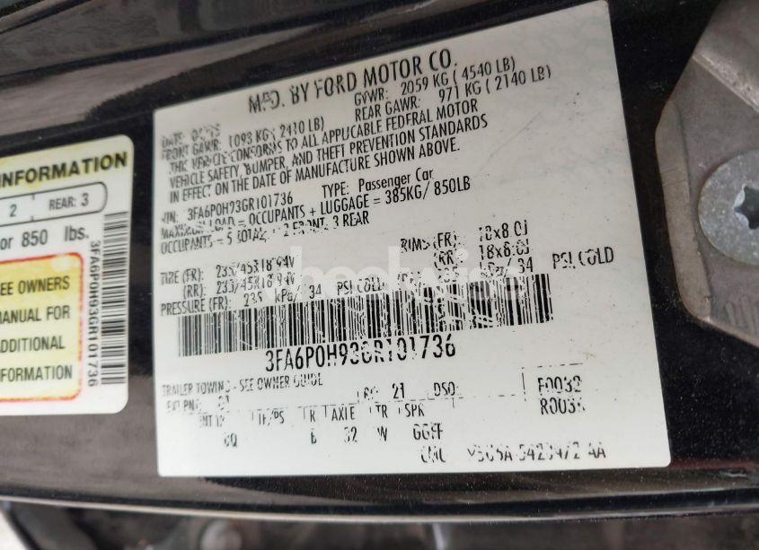 Photo 9 of 2016 Ford Fusion SE (VIN 3FA6P0H93GR101736)