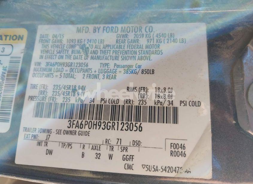 Photo 9 of 2016 Ford Fusion SE (VIN 3FA6P0H93GR123056)