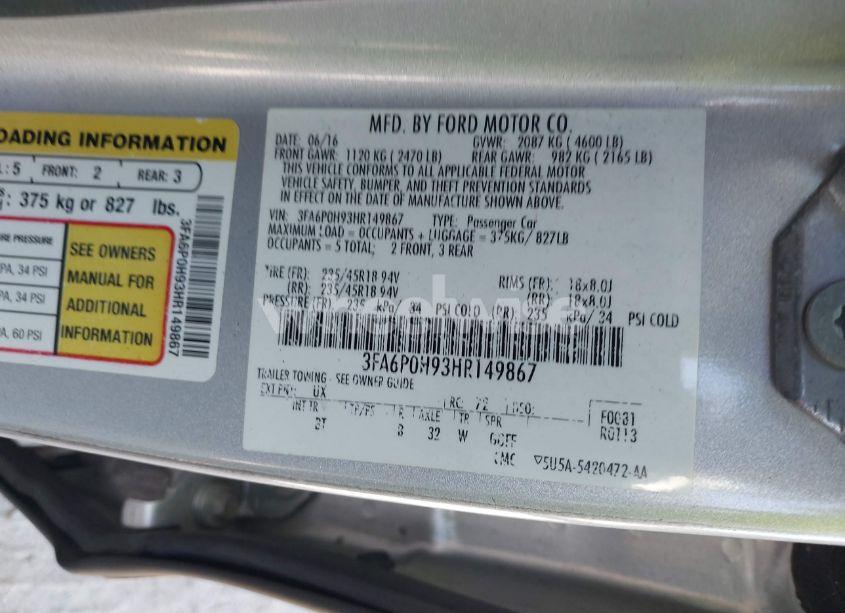 Photo 9 of 2017 Ford Fusion SE (VIN 3FA6P0H93HR149867)