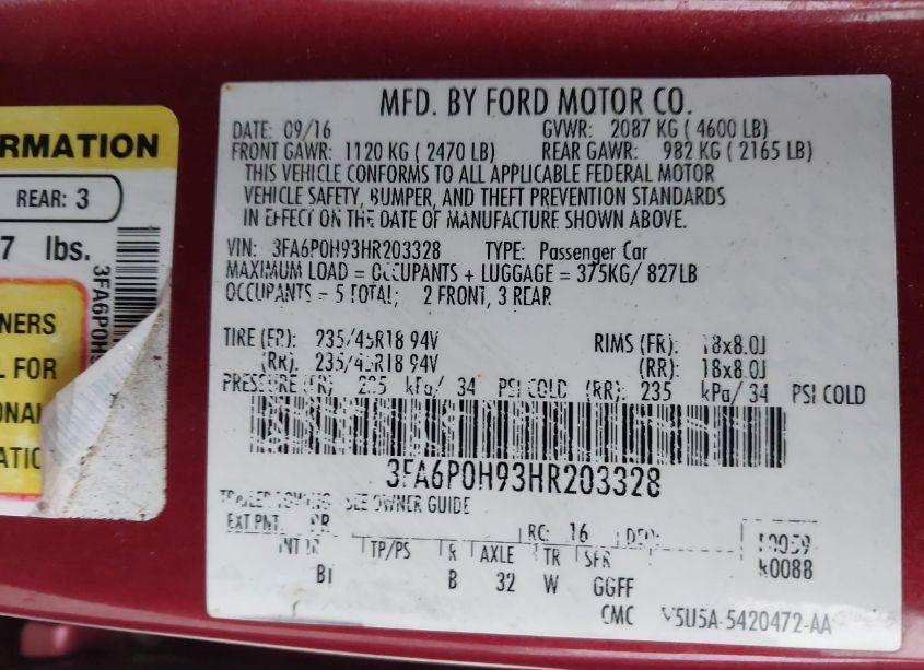 Photo 9 of 2017 Ford Fusion SE (VIN 3FA6P0H93HR203328)