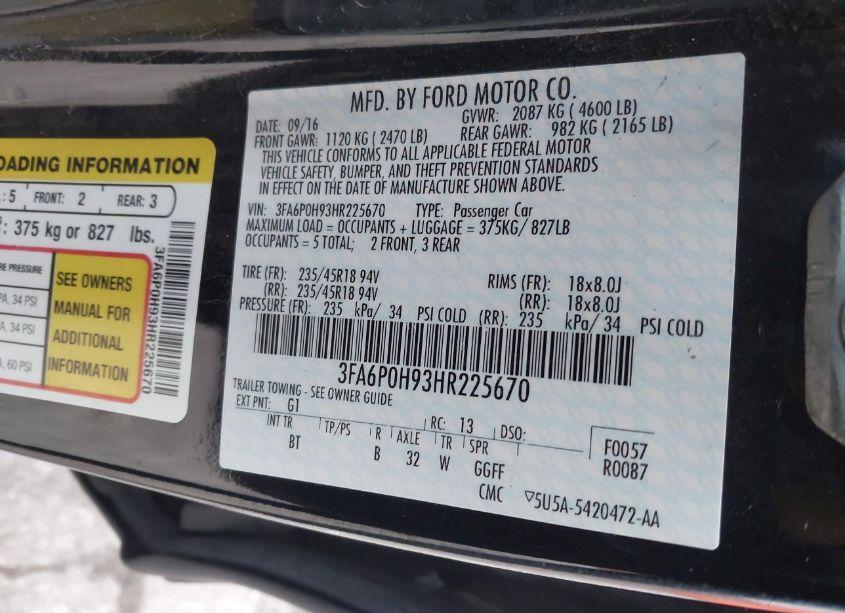 Photo 9 of 2017 Ford Fusion SE (VIN 3FA6P0H93HR225670)