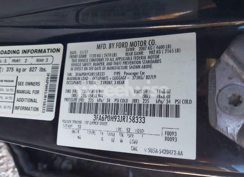 Photo 9 of 2018 Ford Fusion SE (VIN 3FA6P0H93JR158333)