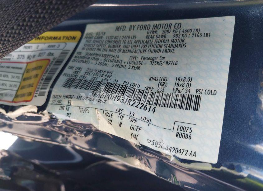 Photo 9 of 2018 Ford Fusion SE (VIN 3FA6P0H93JR222614)