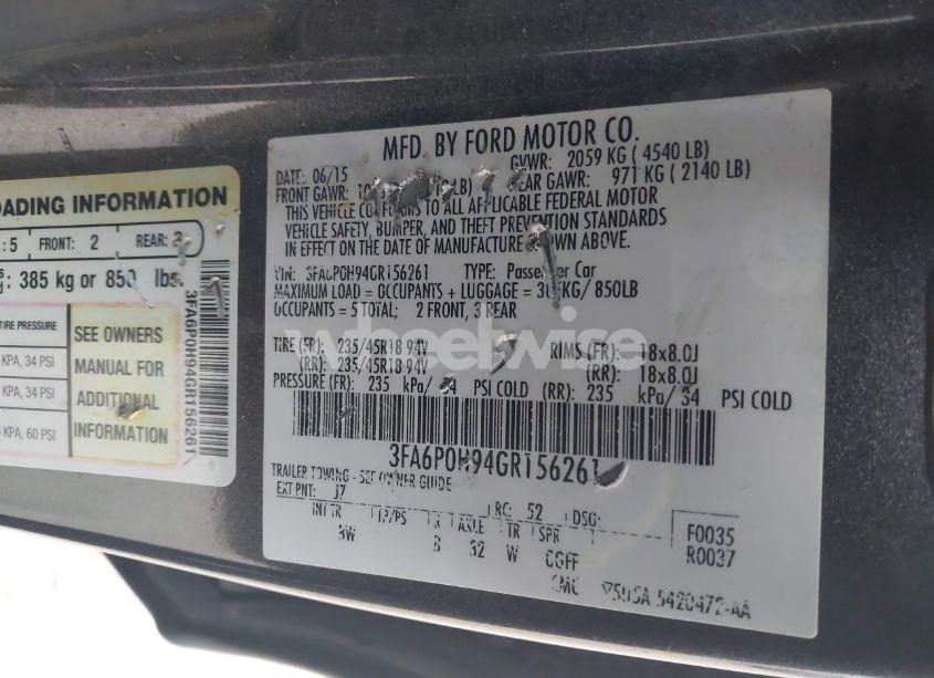 Photo 9 of 2016 Ford Fusion SE (VIN 3FA6P0H94GR156261)