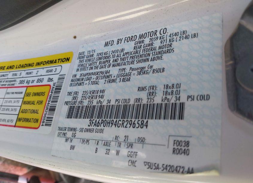 Photo 9 of 2016 Ford Fusion SE (VIN 3FA6P0H94GR296584)