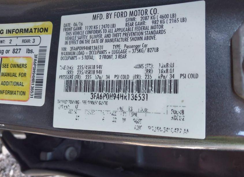 Photo 9 of 2017 Ford Fusion SE (VIN 3FA6P0H94HR136531)