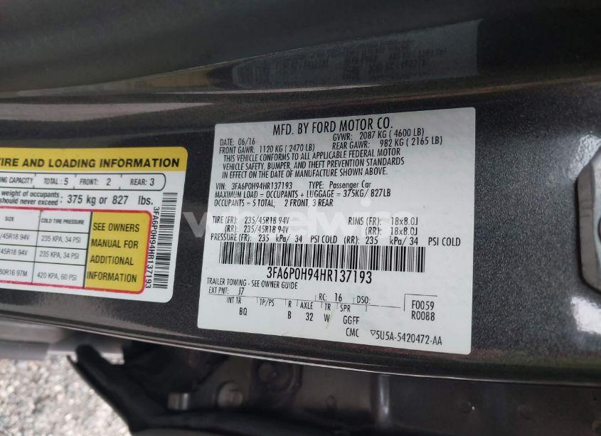 Photo 9 of 2017 Ford Fusion SE (VIN 3FA6P0H94HR137193)