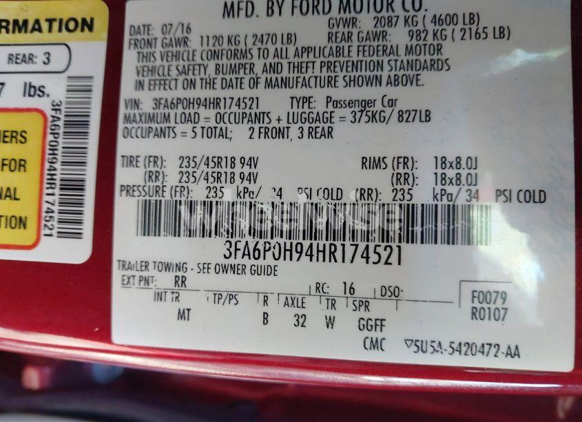 Photo 9 of 2017 Ford Fusion SE (VIN 3FA6P0H94HR174521)