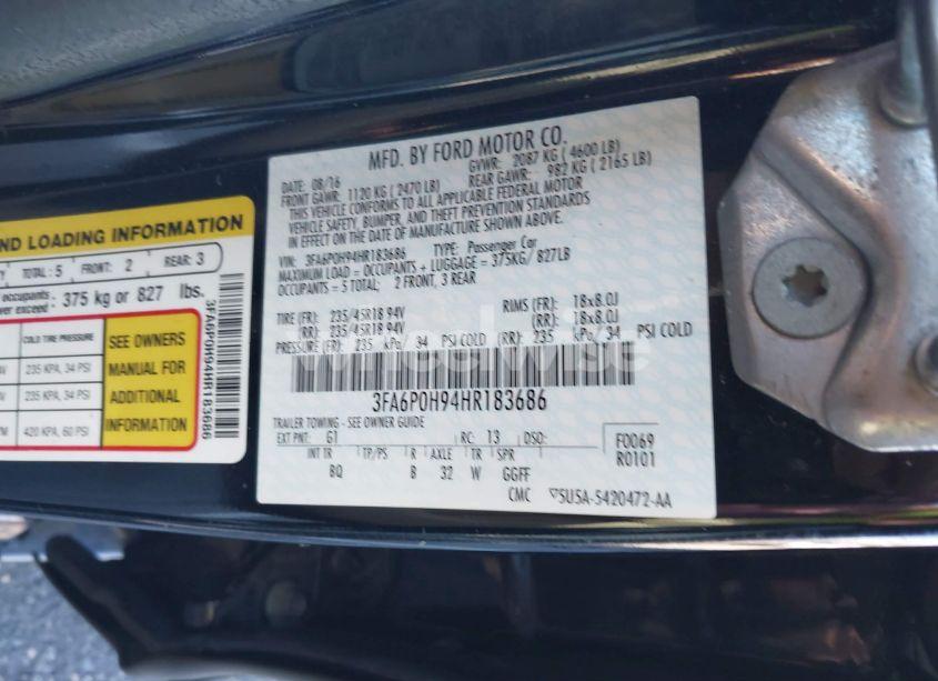 Photo 9 of 2017 Ford Fusion SE (VIN 3FA6P0H94HR183686)
