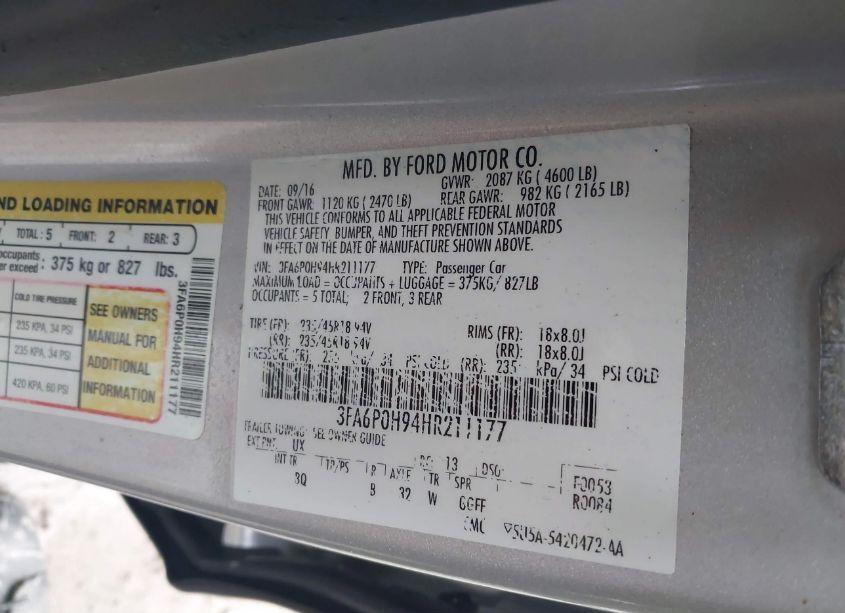 Photo 9 of 2017 Ford Fusion SE (VIN 3FA6P0H94HR211177)